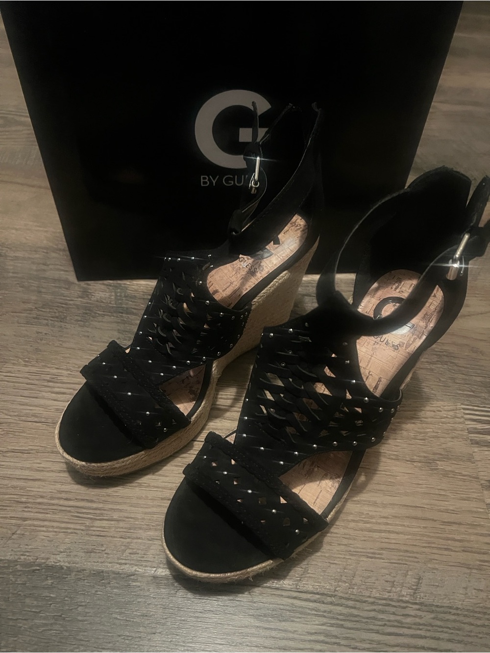 G by Guess Black Studded Espadrille Wedge Sandals